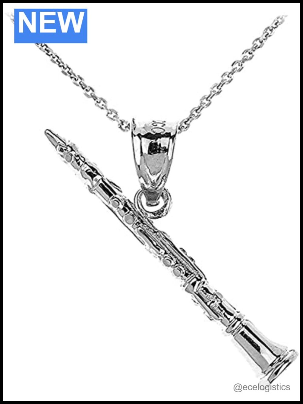 Sterling Silver Clarinet Dangling Charm Pendant Necklace Rolo Chain